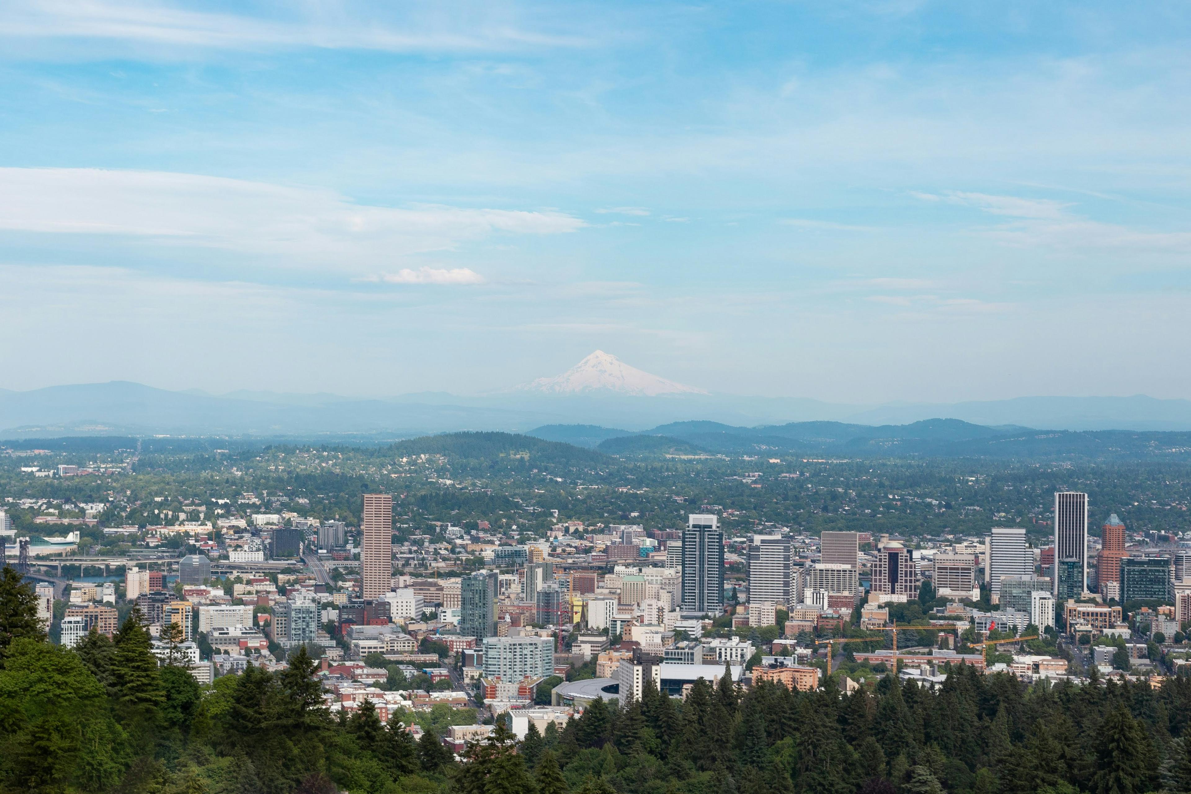 Portland Oregon downtown skyline reflected in the Willamette River
