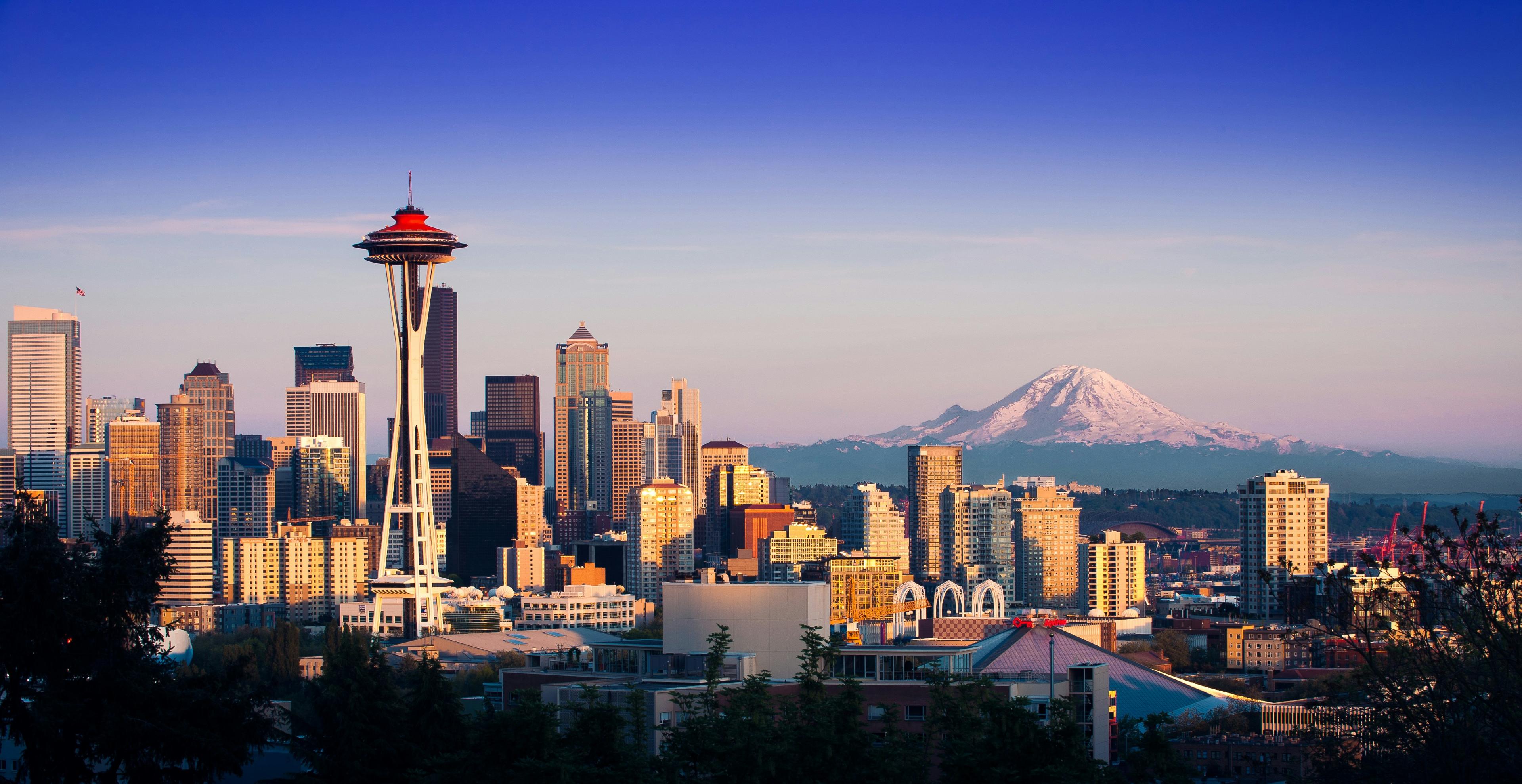 Seattle Washington skyline with the Space Needle and Puget Sound